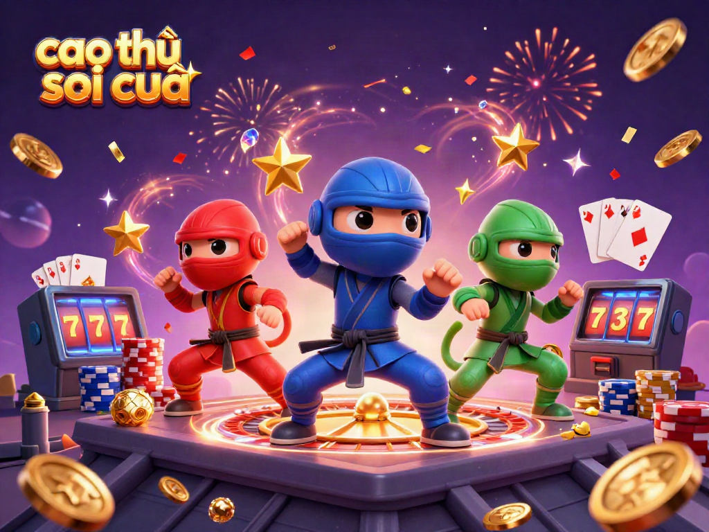 Engage in cao thủ soi cầu with ninjas battling as coins and cards fly in a dynamic casino scene.