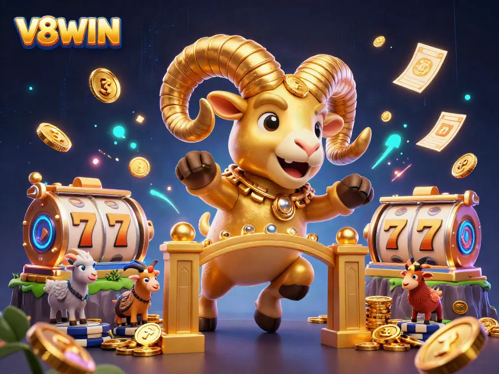 Experience the exciting gameplay of V8WIN as a golden ram charges through a dynamic casino scene filled with slots and trophies.