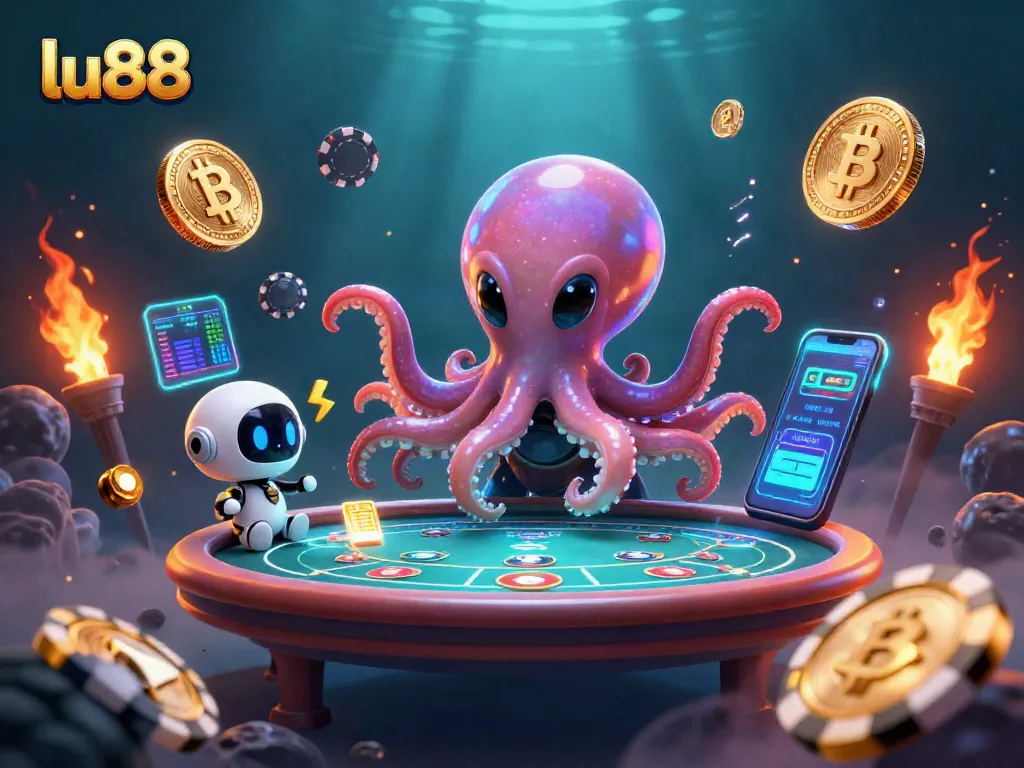 Engage in thrilling gameplay at lu88, with a vibrant alien octopus overseeing poker and crypto elements.