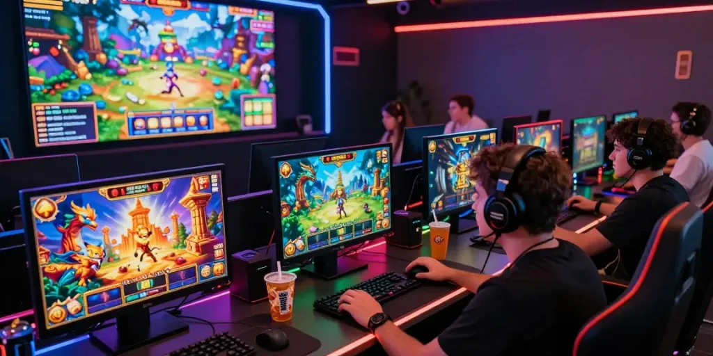 Engaged players exploring vibrant lumbung88 slot games in an energetic online gaming environment.