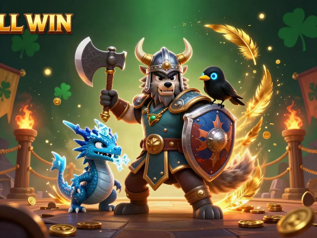 LL WIN featuring a Viking wolf warrior in a dynamic battle scene with a dragon and raven, showcasing vibrant casino elements.