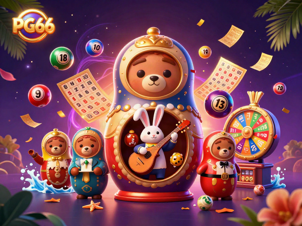 Experience PG66's vibrant casino atmosphere with Matryoshka bears and glowing lottery elements.