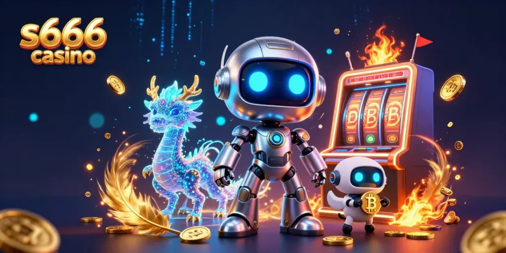 Experience the thrill of s666 casino with a cyberpunk robot, AI dragon, and bitcoin drone surrounded by vibrant gaming elements.