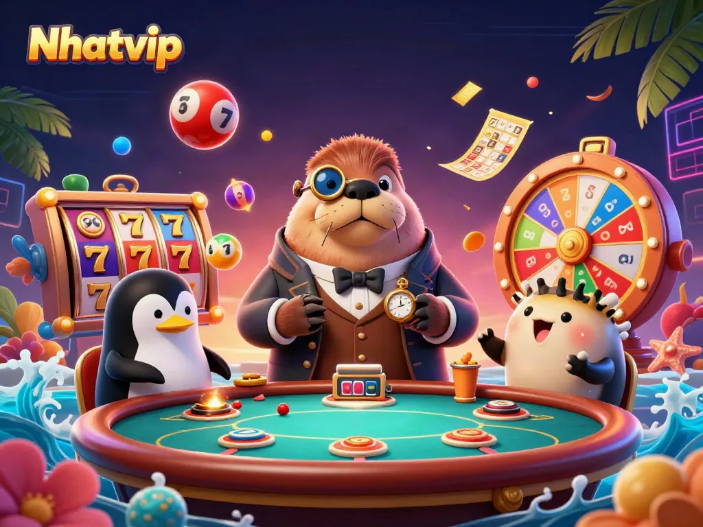 Nhatvip poker scene with a walrus, penguin dealer, and pufferfish amid vibrant casino elements.