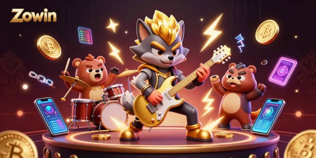 Zowin engages players with a vibrant 3D casino scene filled with gold coins and electric characters.