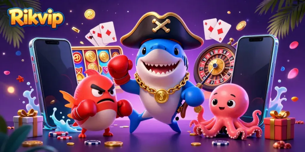 Join the fun with Rikvip as the pirate shark, boxing pufferfish, and treasure-holding octopus collide in an exciting gaming atmosphere.