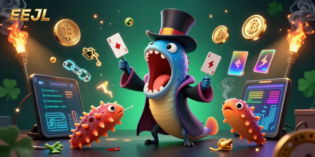 Experience EEJL's magical casino scene with vibrant characters and crypto elements.