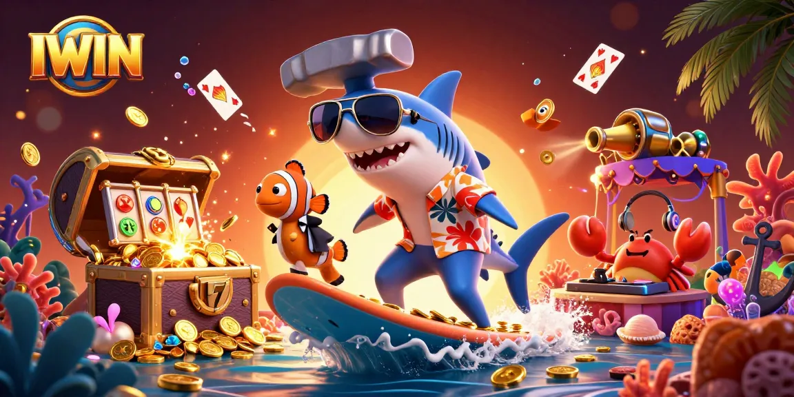 IWIN players enjoy an exciting casino experience with a shark surfing on gold coins amidst vibrant game elements.