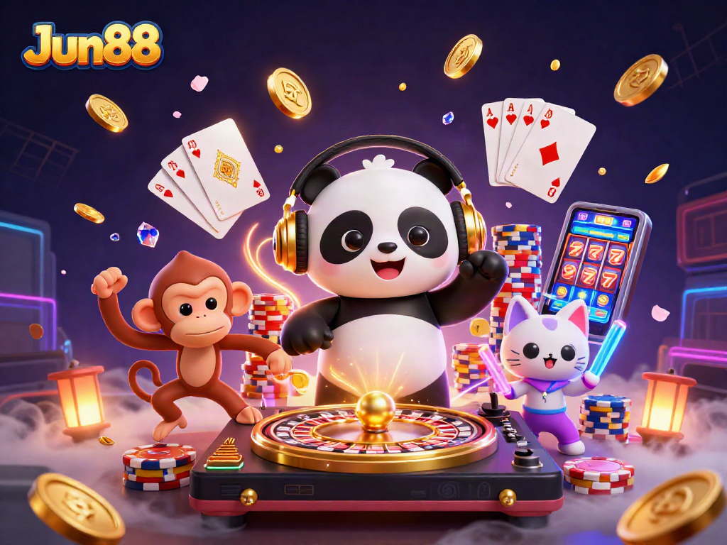 Engage with Jun88's thrilling casino scene, featuring DJ panda and breakdancing monkey amidst flying coins.