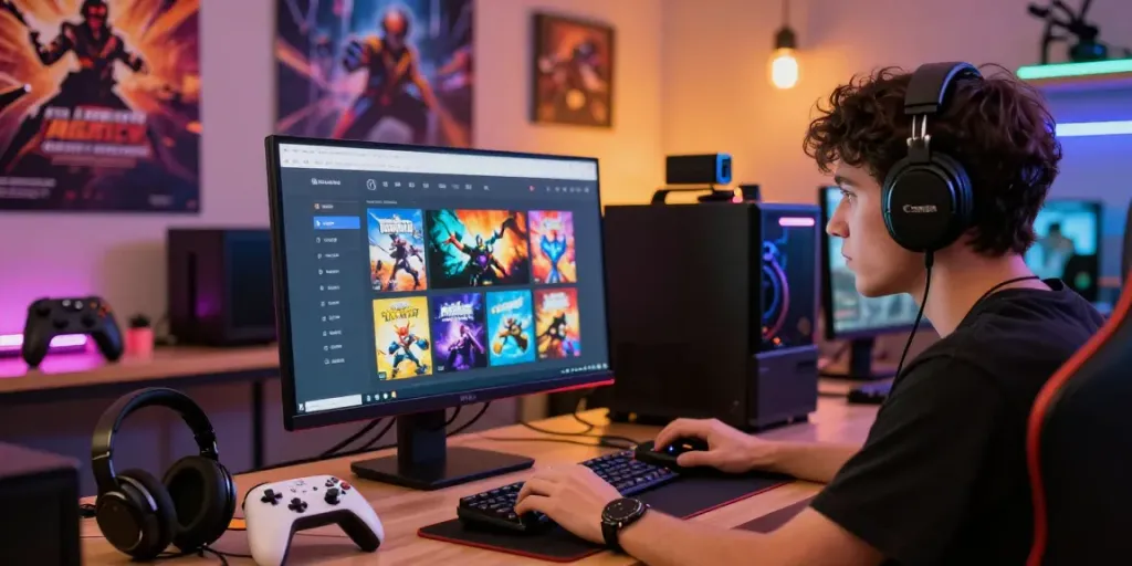 Engaged user browsing gaming vouchers at warung168, with vibrant game posters and accessories in a lively online shop.