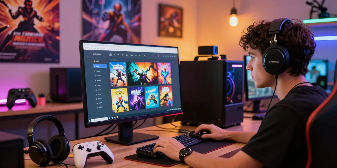 Engaged user browsing gaming vouchers at warung168, with vibrant game posters and accessories in a lively online shop.