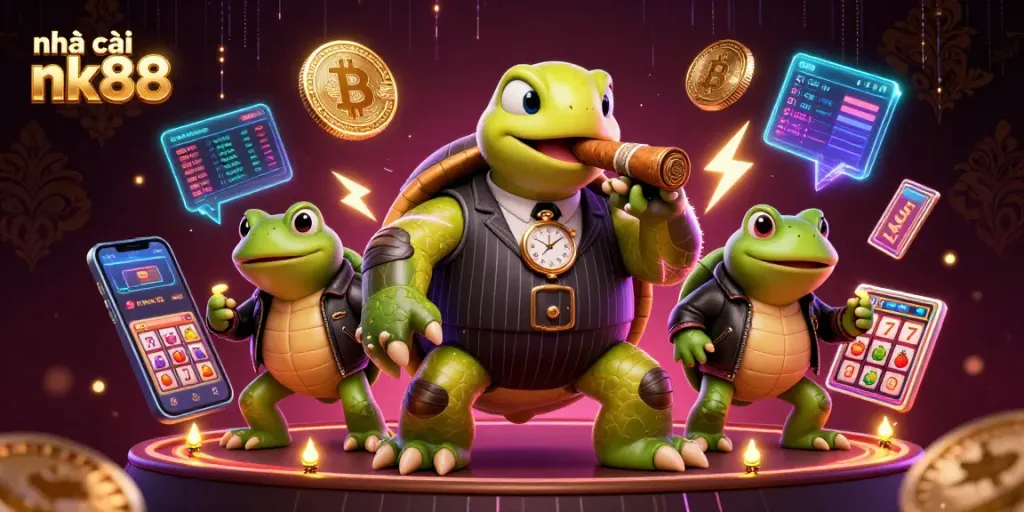 Engage with nhà cái nk88 for thrilling slot games and vibrant casino action in a 3D illustration.
