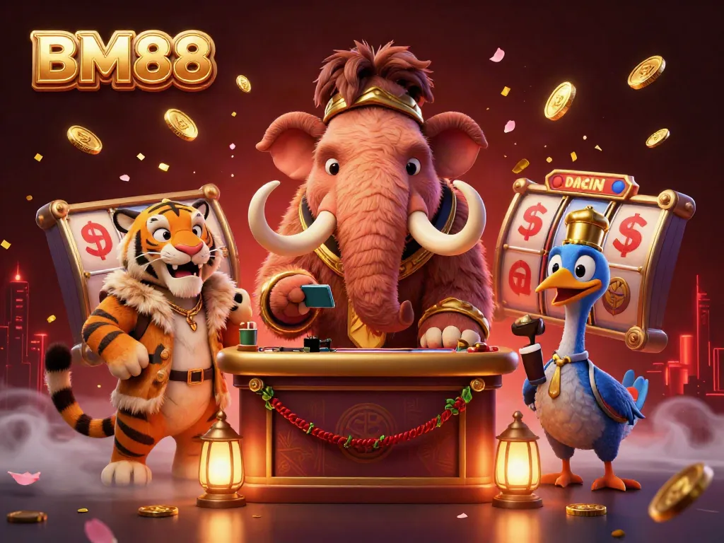 BM88 promotes a vibrant casino atmosphere with unique characters interacting joyfully amid golden gaming elements.