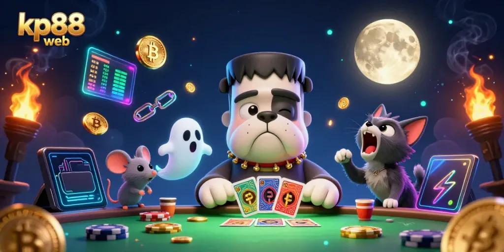 Engage in fun on kp88 web with a lively scene of a cartoon bulldog monster dealing cards at a casino table.