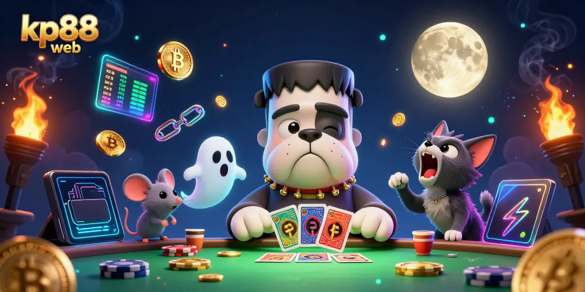 Engage in fun on kp88 web with a lively scene of a cartoon bulldog monster dealing cards at a casino table.