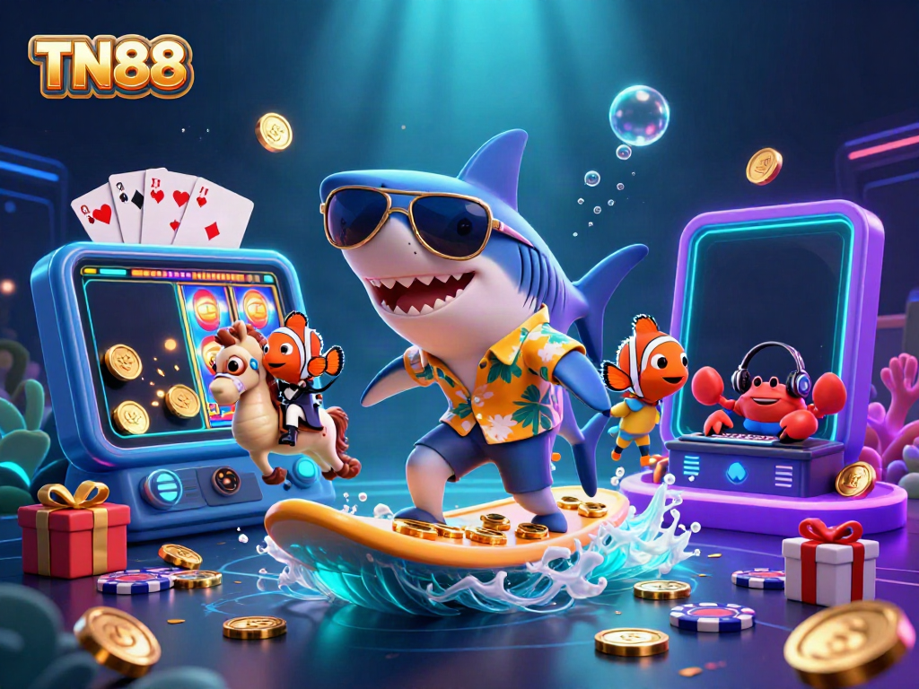 Experience the excitement with TN88 as a shark surfs on gold coins amid energetic casino visuals.