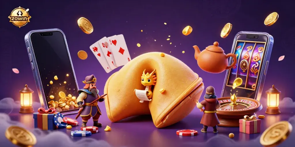 Zowin promotes high-energy gaming with its dynamic 3D casino scene featuring a golden fortune cookie and vibrant game elements.