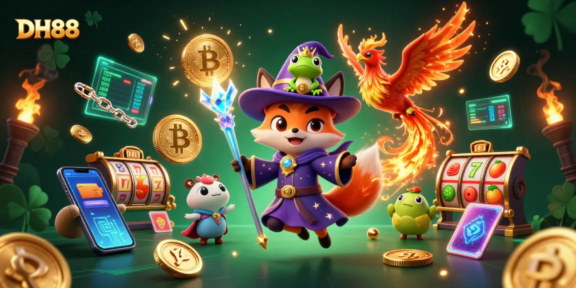Engage with thrilling DH88 slot reels and crypto elements in this magical casino scene.