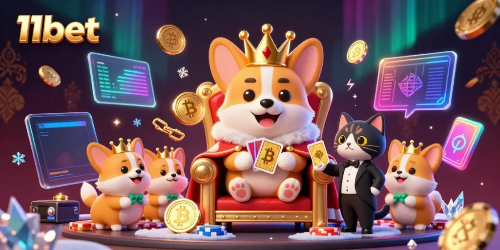 Engage with 11bet's vibrant casino world featuring royal corgi royalty amidst crypto symbols.