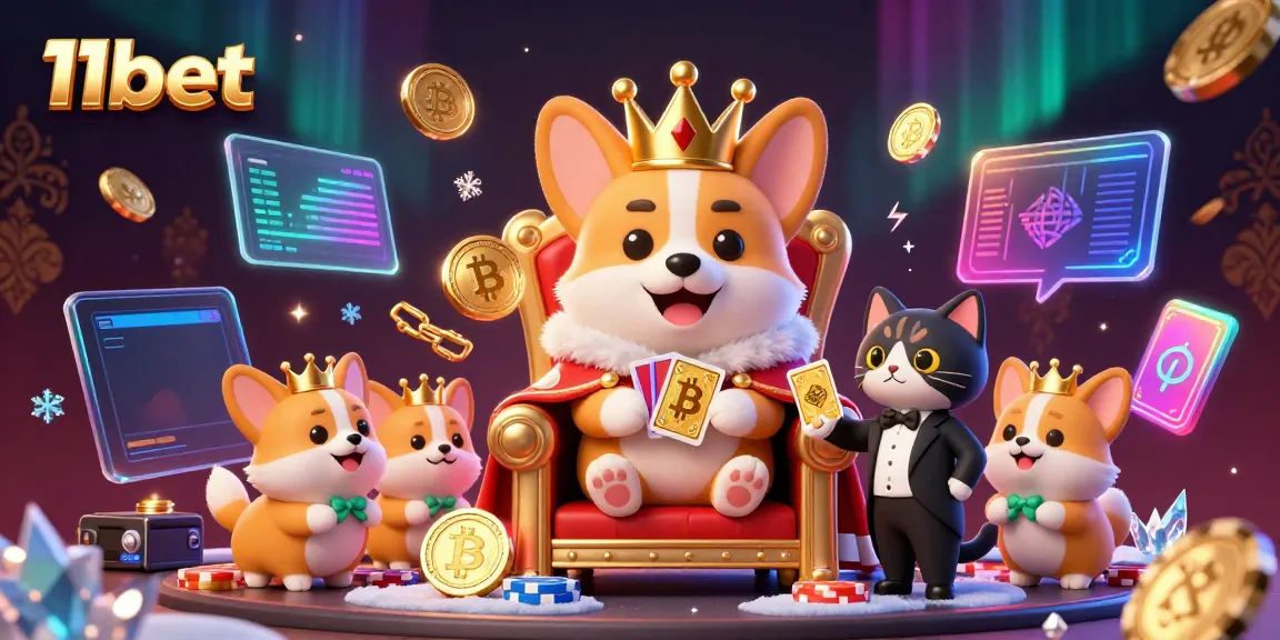 Engage with 11bet's vibrant casino world featuring royal corgi royalty amidst crypto symbols.