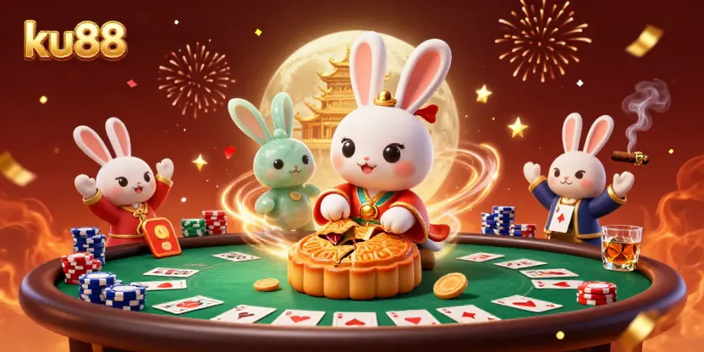 Engage with the thrilling atmosphere of ku88, where the moon rabbit reveals poker chips amidst a vibrant casino.
