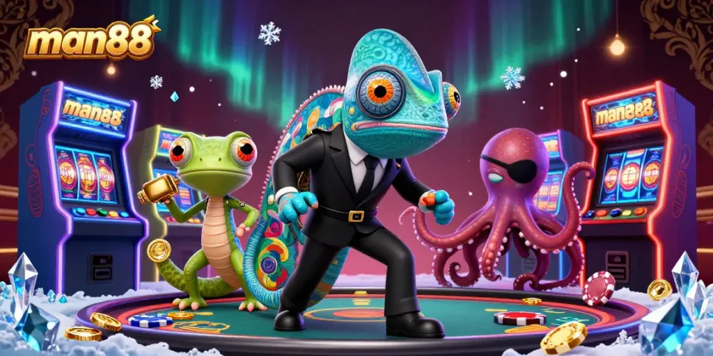 Engage in thrilling gaming at man88 with vibrant slot reels and dynamic characters.