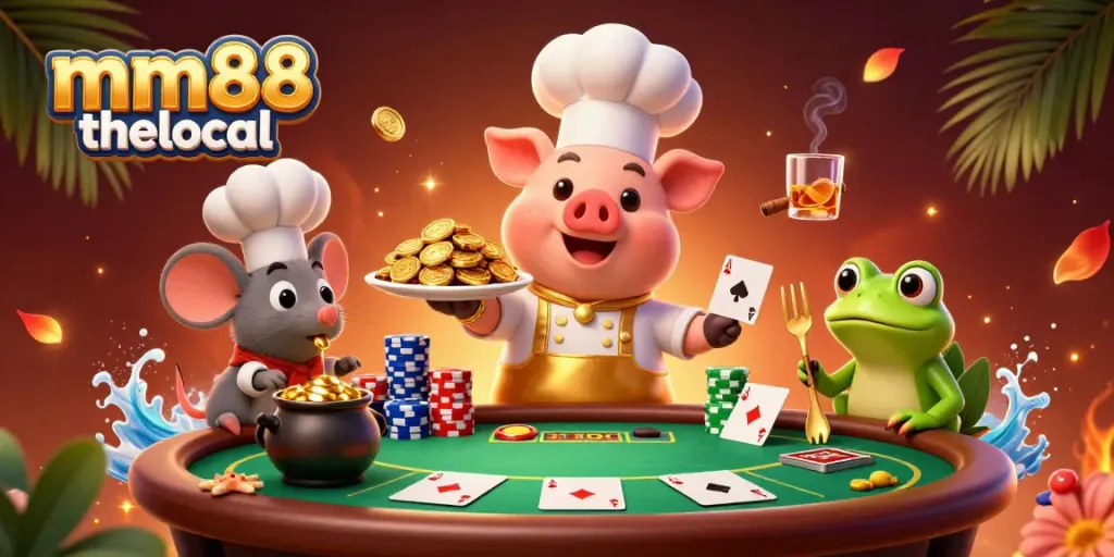 Engage with mm88 thelocal in this rich 3D scene featuring playful characters and dynamic casino elements.