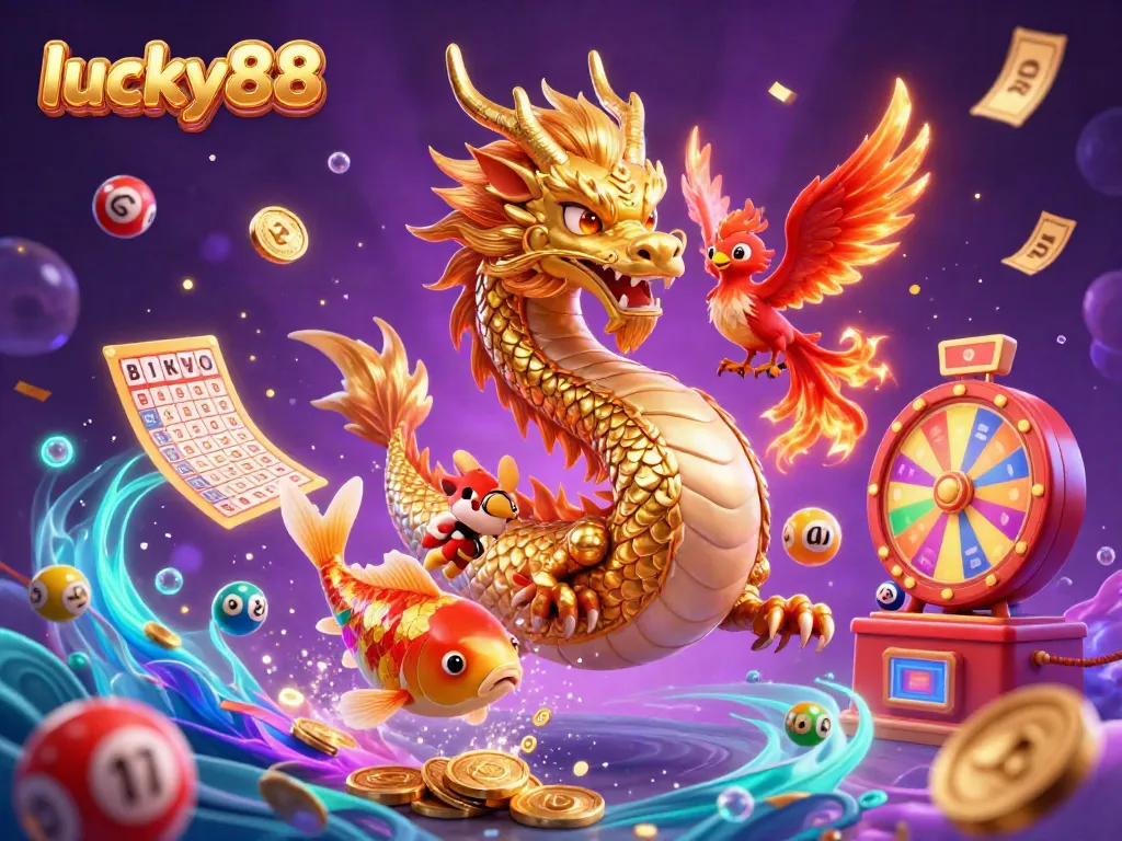 Experience the thrilling action of lucky88 with a vibrant scene featuring a golden dragon, phoenix, and koi fish amidst dynamic gambling elements.