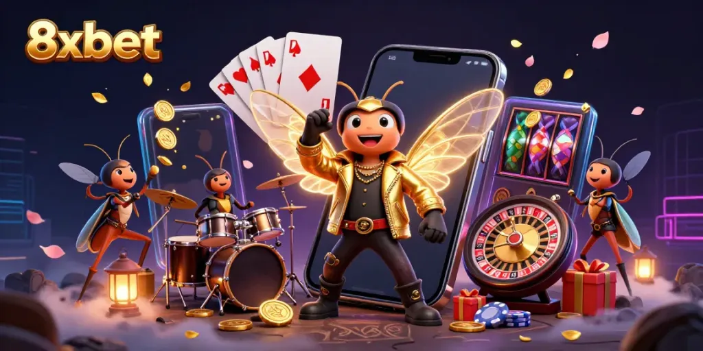 Experience the vibrant world of 8xbet with a 3D cartoon cicada rock star bringing life to the casino scene.