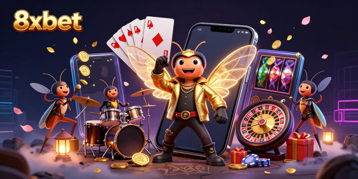 Experience the vibrant world of 8xbet with a 3D cartoon cicada rock star bringing life to the casino scene.