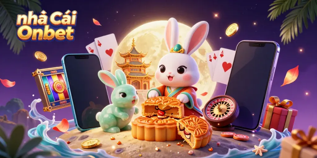 Experience the vibrant world of Nhà Cái Onbet with an illustration of a lucky moon rabbit and casino elements.