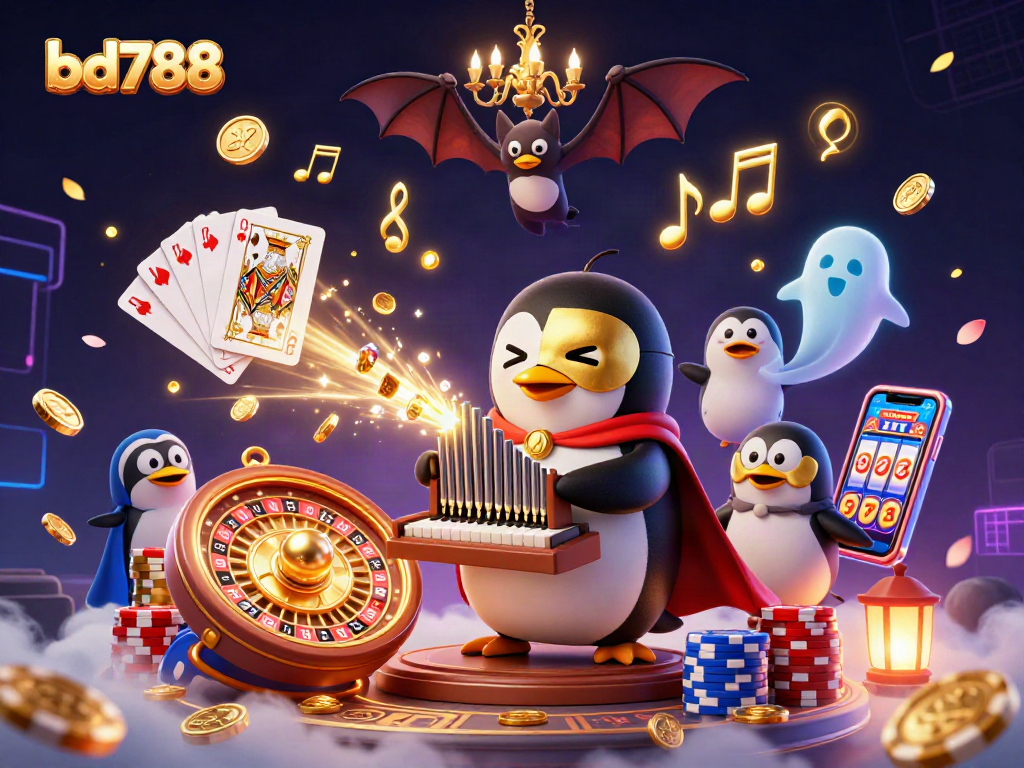 Experience bd788's captivating casino atmosphere with a vibrant penguin organist amidst gold coins and gaming magic.