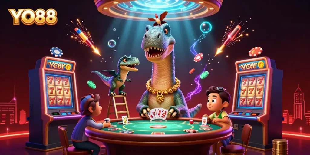 Experience YO88 in an engaging casino scene with colorful characters and vibrant gaming elements.