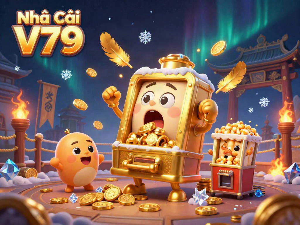 Experience the excitement at Nhà cái V79 with a joyful slot machine hitting its jackpot, surrounded by cheering baby machines and a popcorn machine.