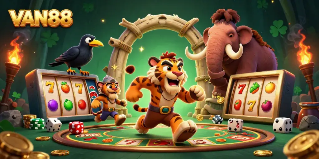 Experience exciting gameplay at VAN88, featuring a vibrant prehistoric casino with colorful slots and playful characters.