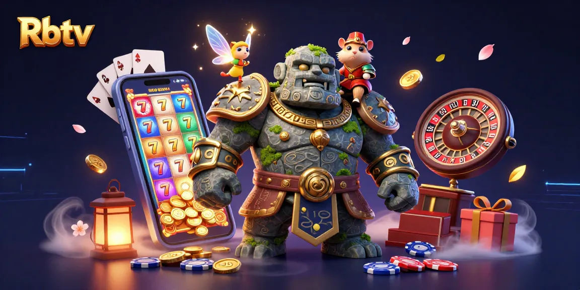 Rbtv menampilkan golem penjaga yang hidup di kasino dengan elemen permainan penuh warna dan efek cahaya magis.