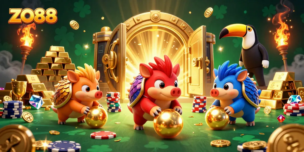 Strategically bowl chips with ZO88 pangolins in a lively casino scene filled with treasures.