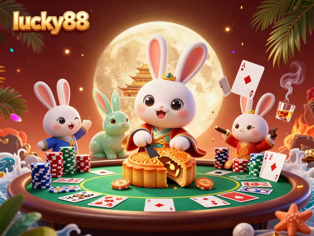 Join the lucky88 moon rabbit as they reveal poker chips while showcasing an exciting casino atmosphere.