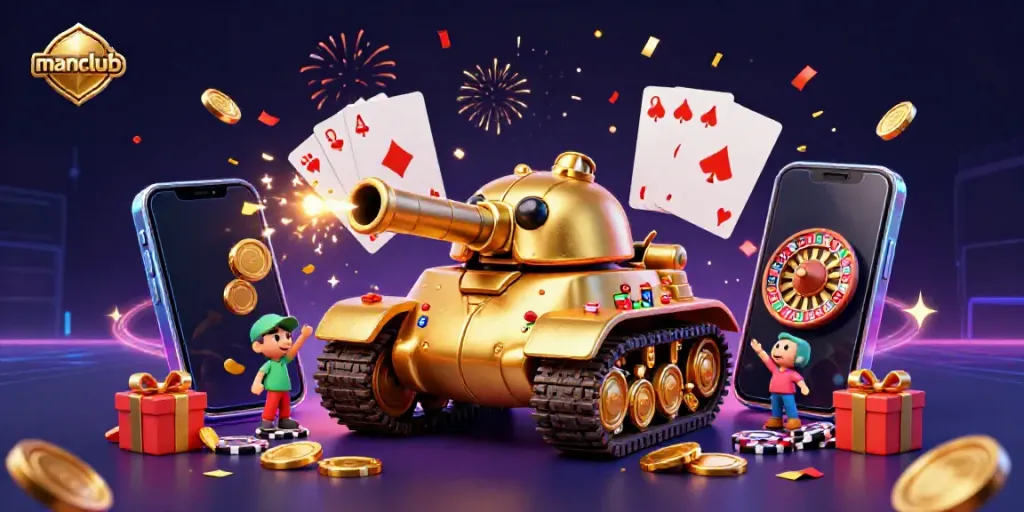 Experience the thrill of manclub gaming with a vibrant 3D illustration of a miniature casino, games, and gold coins.