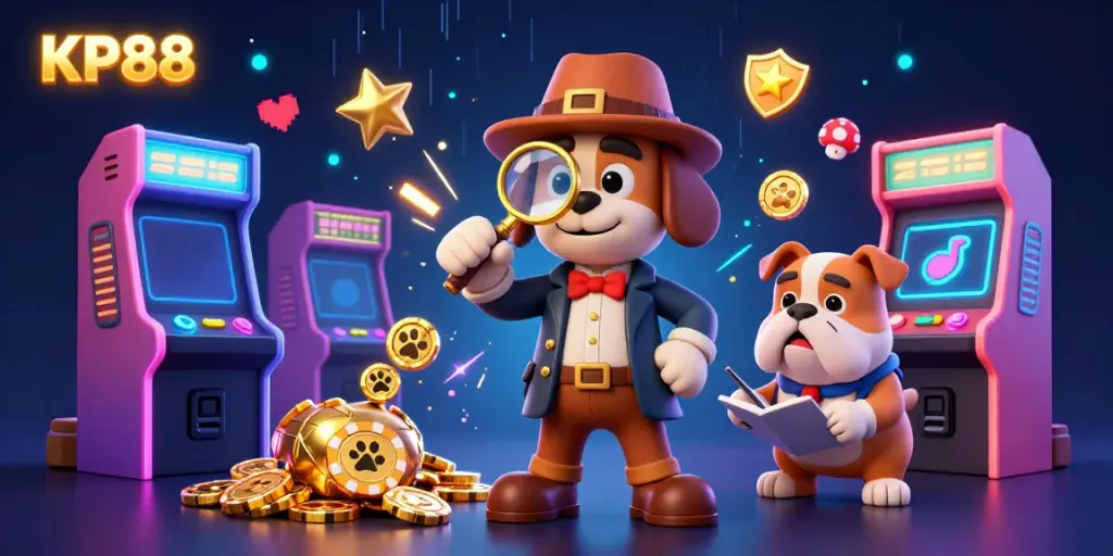 Experience KP88's vibrant casino atmosphere with animated characters discovering poker treasures amidst glowing arcade action.