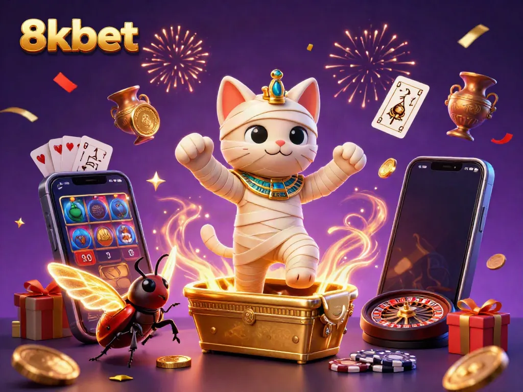 Join the excitement at 8kbet with an action-packed scene featuring a mummy cat and dynamic casino elements!