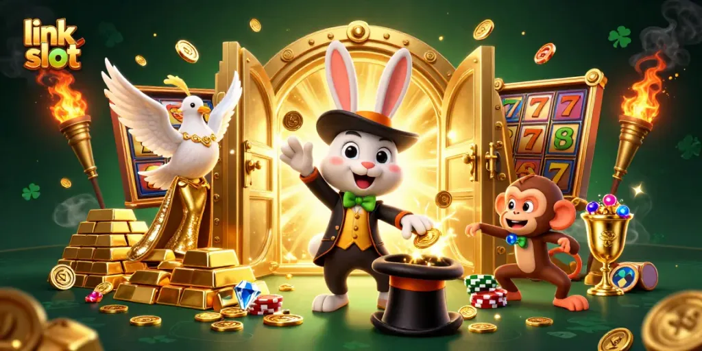Experience the excitement of link slot games with a magician rabbit, dove, and monkey in a dynamic casino scene.