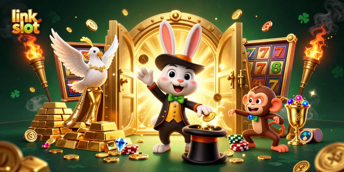 Experience the excitement of link slot games with a magician rabbit, dove, and monkey in a dynamic casino scene.