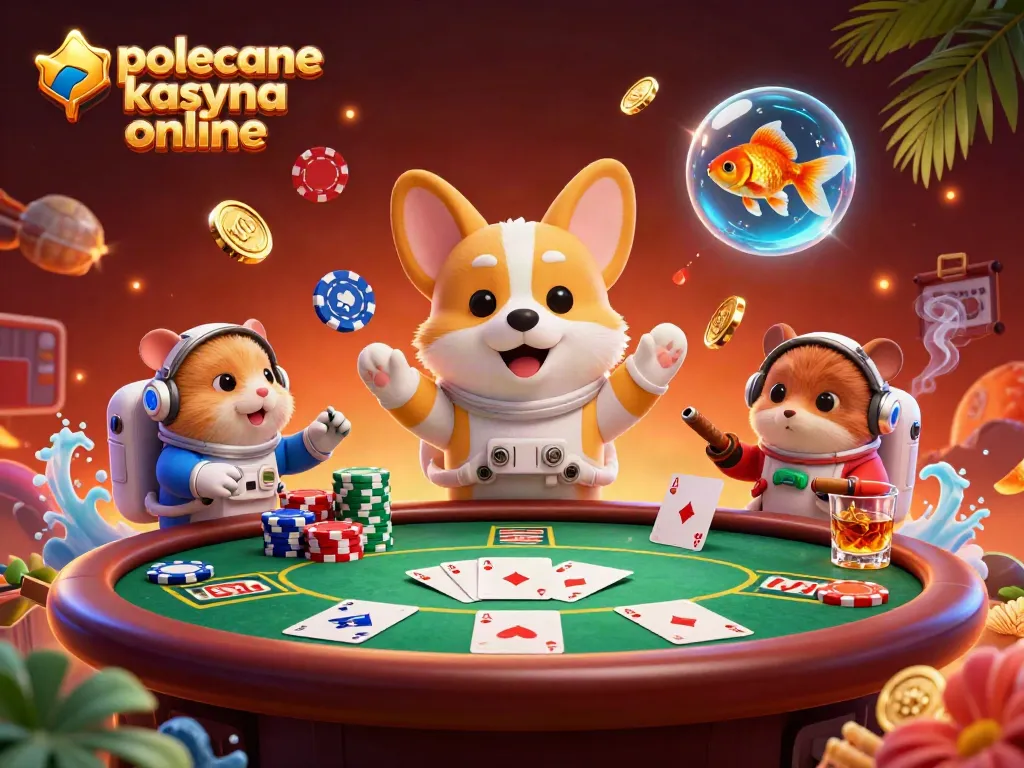 Polecane kasyna online scene showcasing a floating corgi in a casino with poker chips and colorful decorations.