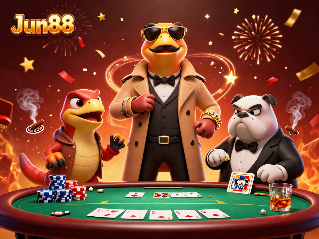 Experience excitement at Jun88 with 3D cartoon raptors trying to enter a VIP casino lounge filled with poker elements.