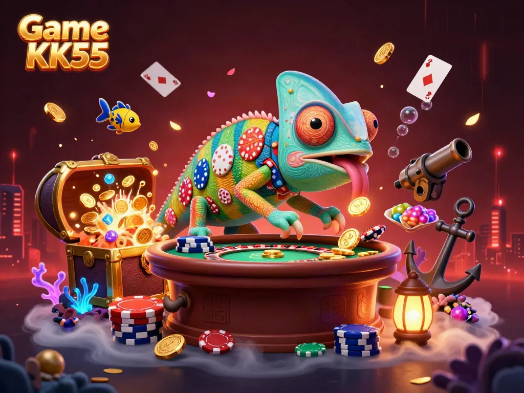 Experience the thrilling action of Game KK55 in a vibrant 3D casino scene with golden coins and poker chips.