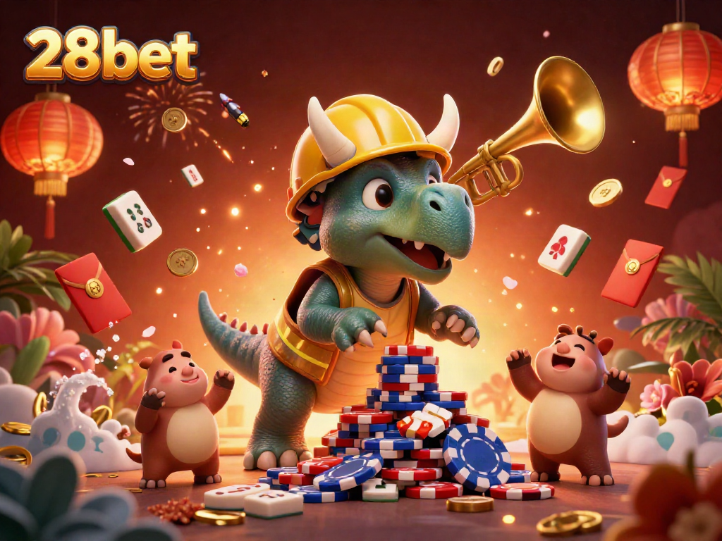 Cheerful scene celebrating 28bet with a cartoon triceratops building poker chip pyramid and festive elements.