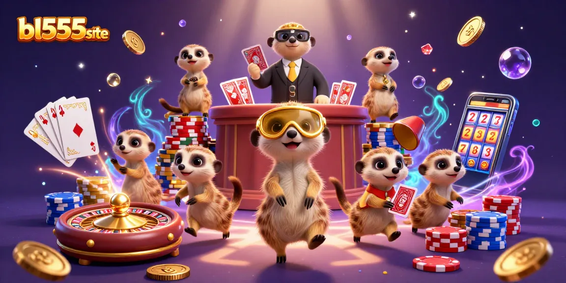 Win big at bl555site with a fun meerkat-themed casino illustration featuring games and excitement.