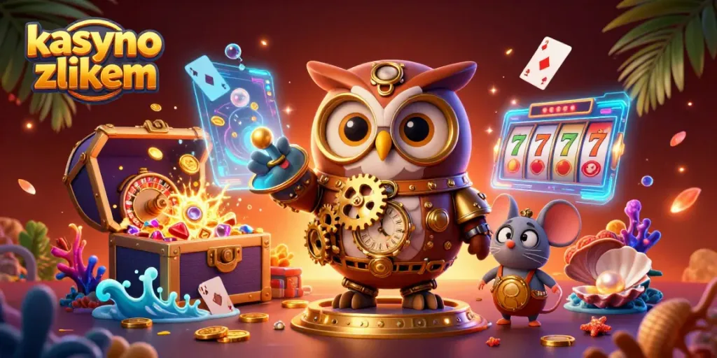 Engage with kasyno z blikiem through a vibrant 3D casino illustration showcasing dynamic game elements and lively characters.