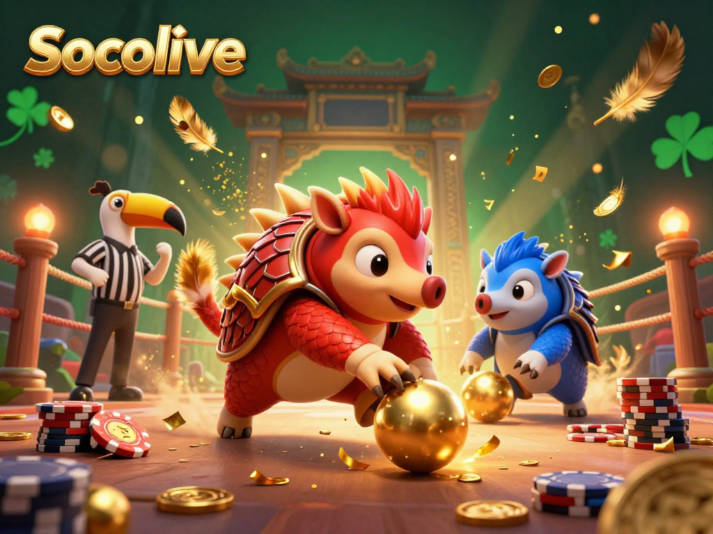 Socolive showcases rival pangolins in a vibrant casino scene, mastering poker chip bowling.